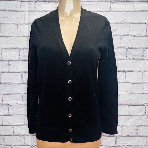 Banana Republic Womens Black Striped Back V-Neck Button Front Cardigan Large - Picture 1 of 4